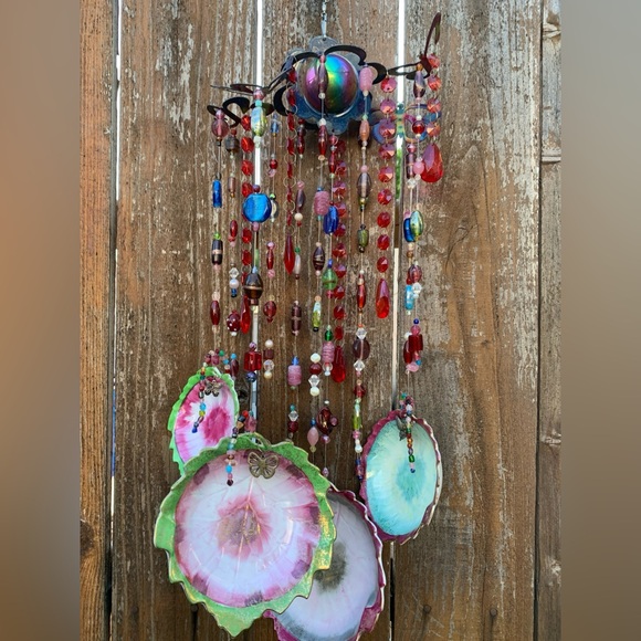 Inlaid Gold Leaves Vtg Porcelain Glass Beads 3D Butterfly Wind Chime Mobile - Picture 3 of 11